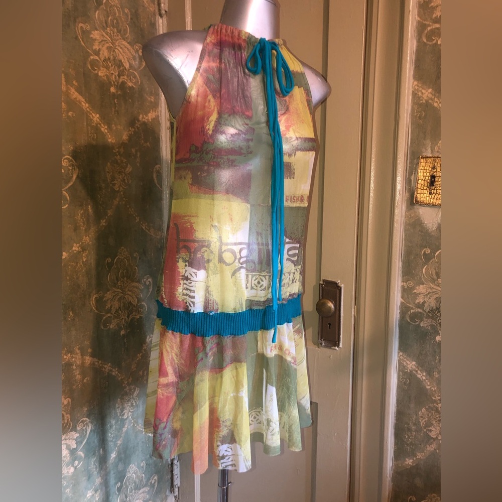 Vintage y2k BCBGirls Multicolor patch Print Transparent Mini Dress small